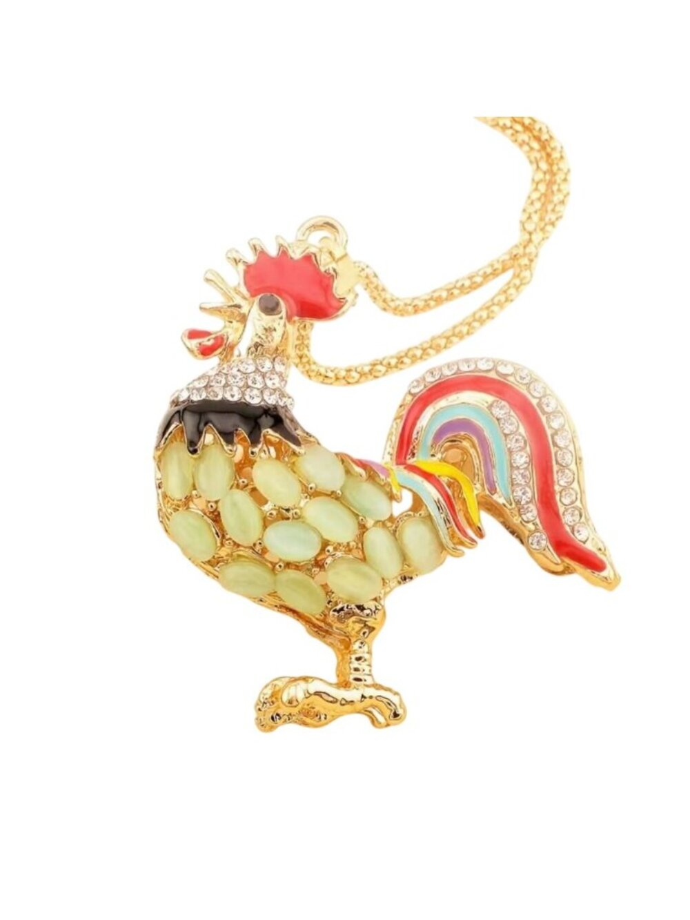 Crystal Rooster Pendant Necklace Gold Tone
